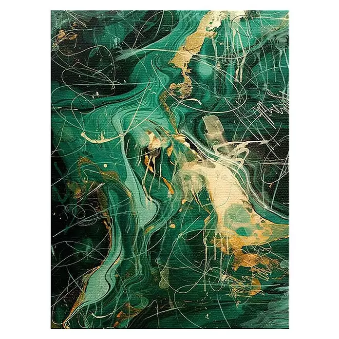 Dotcomcanvas Leinwandbild - Green Energy - Abstrakt, B x H: 60 x 80 cm - Abstraktes Gemälde mit wirbelnden smaragdgrünen, goldenen und weißen Marmormustern und Farbspritzern.