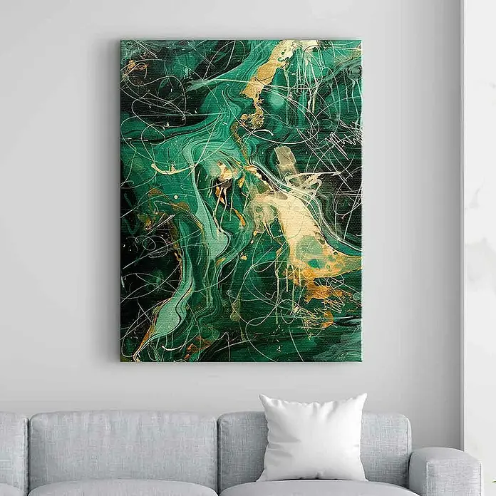 Dotcomcanvas Leinwandbild - Green Energy - Abstrakt, B x H: 60 x 80 cm - Abstrakte Wandkunst: Smaragdgrünes und goldenes Leinwandbild, das Eleganz und moderne Kunst in jedem Raum vereint.