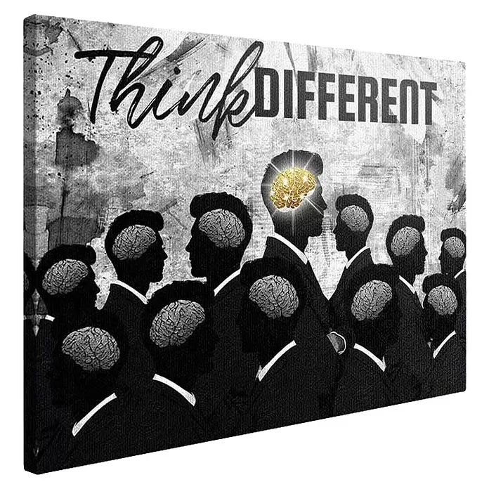 Dotcomcanvas Leinwandbild - Think Different, B x H: 120 x 90 cm - Leinwandbild: "Think Different" Text, schwarze Silhouetten von Personen mit sichtbaren Gehirnen, eines davon golden leuchtend.