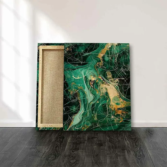 Dotcomcanvas Leinwandbild - Green Energy - Abstrakt, B x H: 60 x 80 cm - Das abstrakte Kunstwerk in Grün- und Goldtönen ist auf einer Leinwand dargestellt, die die Rückseite zeigt und die Struktur betont. Perfekt für moderne Interieurs.