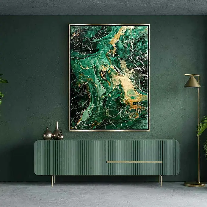 Dotcomcanvas Leinwandbild - Green Energy - Abstrakt, B x H: 60 x 80 cm - Ein Gemälde in einem grünen Zimmer mit einem Schrank und einer Lampe. Abstrakte Kunst mit Gold-Akzenten, die dem Raum einen Hauch von Eleganz verleiht.