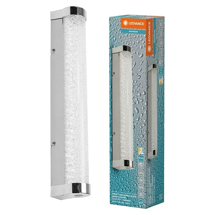 Ledvance Orbis LED-Spiegelleuchte Tube - 9 W, L x B x H: 40 x 7 x 5,4 cm, Chrome, Bubbleglas, Warmweiß - LEDVANCE ORBIS Tube Bubble Glas Badleuchte, 400mm Chrom, Click-CCT Dimmung, ideal für Badezimmer mit ihrem stilvollen Design.