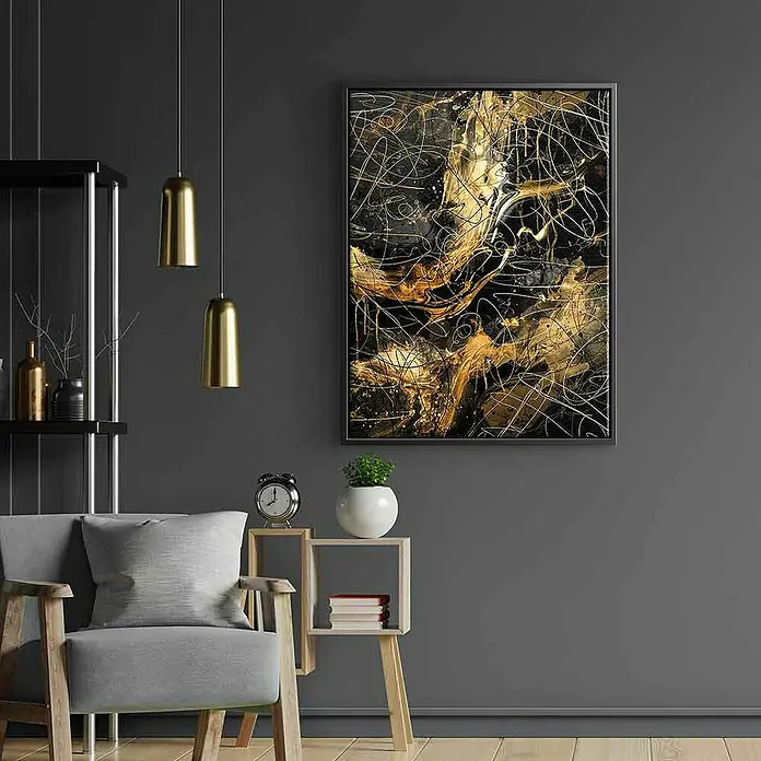 Dotcomcanvas Leinwandbild - Black Power - Abstrakt, B x H: 60 x 80 cm - Ein abstraktes Kunstwerk in Schwarz und Gold ziert die Wand und verleiht dem Raum einen Hauch von Eleganz und modernem Stil.