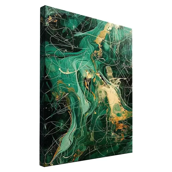 Dotcomcanvas Leinwandbild - Green Energy - Abstrakt, B x H: 60 x 80 cm - Abstrakter Leinwanddruck mit grünen, goldenen und weißen fließenden Mustern.
