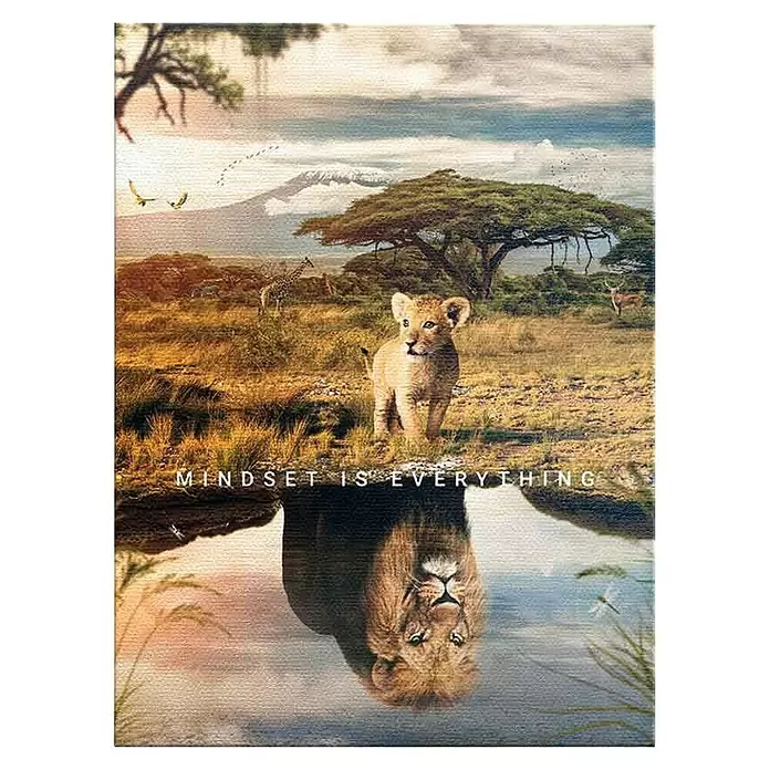 Dotcomcanvas Leinwandbild - Mindset Is Everything Africa, B x H: 75 x 100 cm - Motivationsposter: Löwenjunges blickt ins Wasser, spiegelt erwachsenen Löwen wider, mit Text „MINDSET IS EVERYTHING“. Savannenlandschaft.