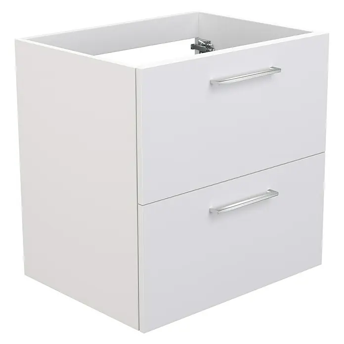 Camargue Espacio Waschtischunterschrank - 60 x 46 x 60 cm, 2 Schubkästen, Mira - Bild eines weißen Badezimmerunterschranks mit zwei Schubladen und Griffen.