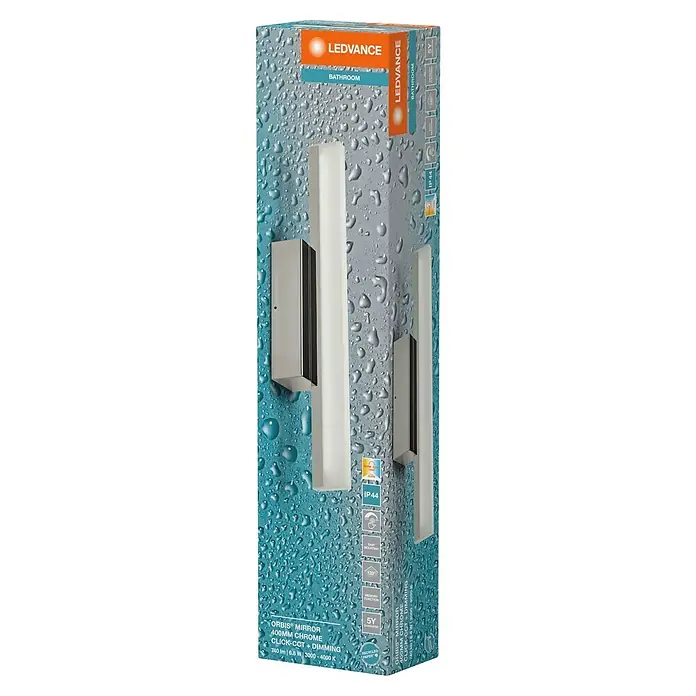 Ledvance Orbis LED-Spiegelleuchte Mirror - 6,8 W, L x B x H: 40 x 8,8 x 5,7 cm, Chrome, Warmweiß - Nahaufnahme der Verpackung einer LEDVANCE Badezimmerleuchte mit Chromdetails, die modernes Design und Funktionalität vereint.