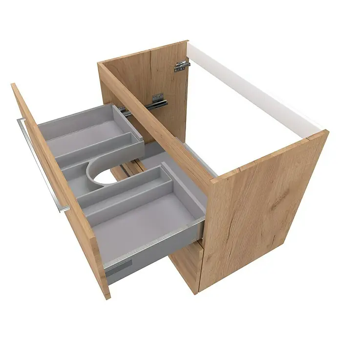 Camargue Espacio Waschtischunterschrank - 80 x 46 x 60 cm, 2 Schubkästen, Doce - Ein moderner Waschtischunterschrank in Holzoptik mit zwei grauen Auszügen, ideal für Badezimmeraufbewahrung.