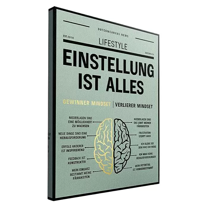 Dotcomcanvas Leinwandbild - Gewinner Mindset vs. Verlierer Mindset, B x H: 150 x 200 cm - Motivations-Leinwandbild „Einstellung ist alles“ mit einer geteilten Gehirndarstellung zu Gewinner- und Verlierer-Mindsets auf hellgrauem Hintergrund.