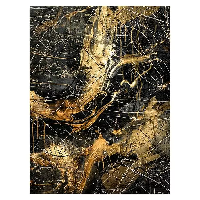 Dotcomcanvas Leinwandbild - Black Power - Abstrakt, B x H: 60 x 80 cm - Abstraktes Gemälde in Gold und Schwarz mit wirbelnden Linien und Farbspritzern.