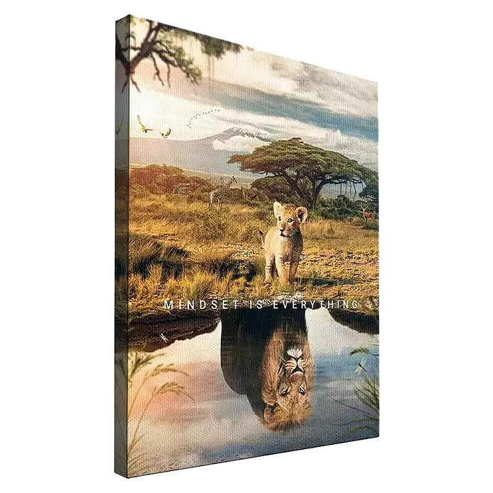 Dotcomcanvas Leinwandbild - Mindset Is Everything Africa, B x H: 75 x 100 cm - Leinwandbild: Löwenjunges sieht Löwenreflexion, Text 'MINDSET IS EVERYTHING'. Savannenmotiv.