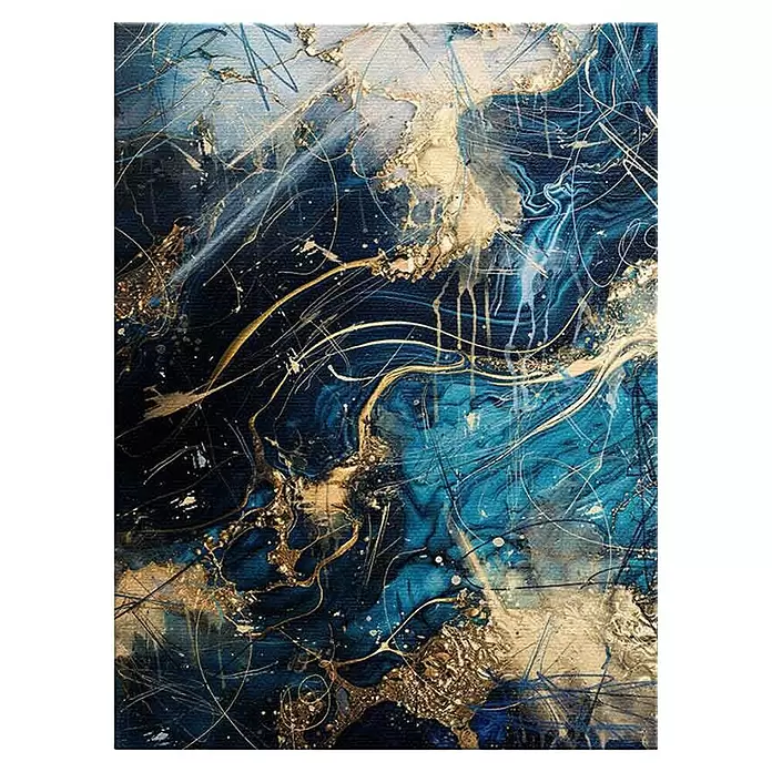 Dotcomcanvas Leinwandbild - Blue Thunder - Abstrakt, B x H: 150 x 200 cm - Abstrakter Kunstdruck in Dunkelblau, Hellblau und Metallic-Gold mit Spritzern und Marmorierung.