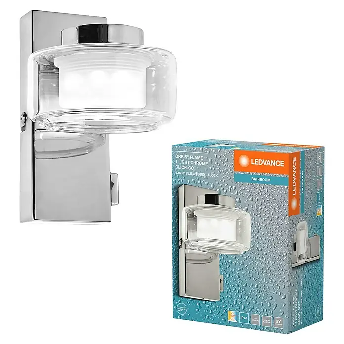 Ledvance Orbis LED-Wandleuchte Flame - 5,5 W, L x B x H: 10 x 13 x 15 cm, Chrome, Warmweiß, 1 Stk. - Nahaufnahme einer LEDVANCE ORBIS® FLAME Wandleuchte, Chrom, mit klarem Glasdiffusor und Verpackung.