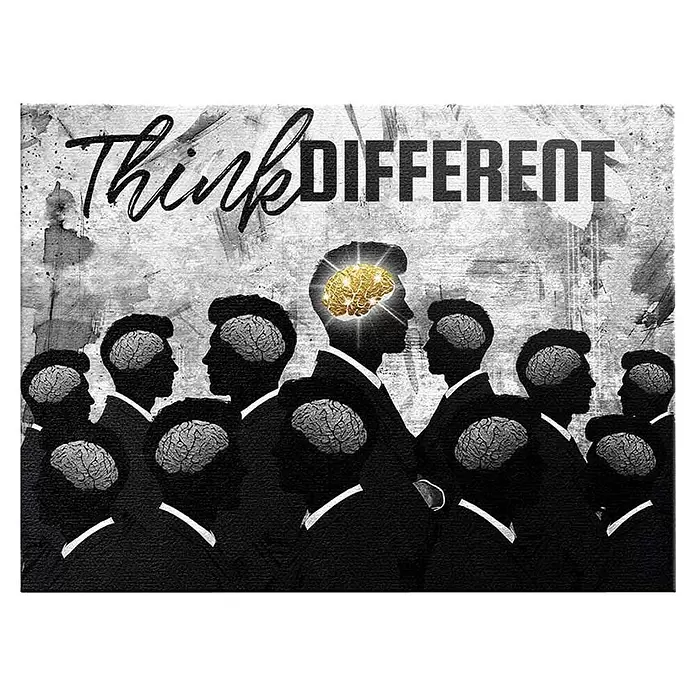 Dotcomcanvas Leinwandbild - Think Different, B x H: 120 x 90 cm - Kunstwerk: Silhouetten von Anzugträgern, einer mit leuchtendem Goldhirn, andere mit grauen Gehirnen. Text: 'Think DIFFERENT'.