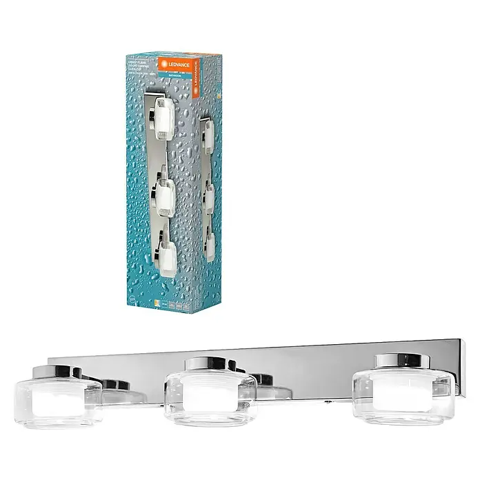 Ledvance Orbis LED-Wandleuchte Flame - 16,5 W, L x B x H: 50 x 13 x 9 cm, Chrome, Warmweiß, 3 Stk. - LEDVANCE Badezimmerleuchte mit drei Strahlern und Verpackung. Die Leuchte sorgt für eine moderne und helle Beleuchtung im Badezimmer.