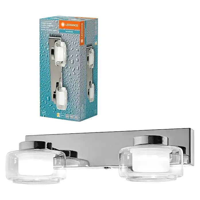 Ledvance Orbis LED-Wandleuchte Flame - 11 W, L x B x H: 30 x 13 x 9 cm, Chrome, Warmweiß, 2 Stk. - Produktfoto der Ledvance Orbis Flame 2-Light Chrome Click-CCT Badleuchte, die ein modernes Design und verstellbare Farbtemperatur bietet.