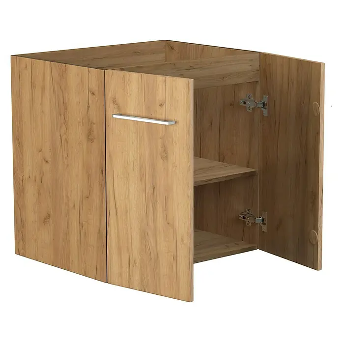 Camargue Espacio Waschtischunterschrank - 60 x 46 x 60 cm, 1 Einlegeboden, Doce - Attraktiver Holzschrank mit zwei Türen, einem silbernen Griff und zwei Regalen im Innenraum. Das Holz hat eine warme, natürliche Maserung.