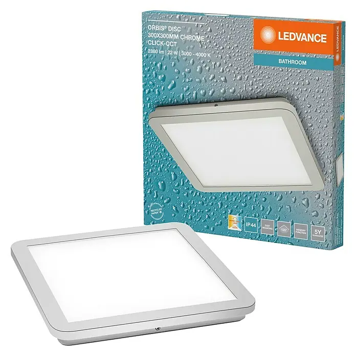 Ledvance Orbis LED-Deckenleuchte Disc - 22 W, Ø x H: 30 x 3 cm, Chrome, Warmweiß, Quadratisch - Bild einer LEDVANCE Orbis® Disc 300x300mm Chrom-Badleuchte mit Click-CCT-Funktion, die einstellbares Licht von 3000-4000K bietet.
