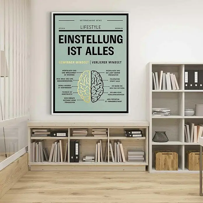 Dotcomcanvas Leinwandbild - Gewinner Mindset vs. Verlierer Mindset, B x H: 150 x 200 cm - Ein inspirierendes Wandbild mit dem Titel "Einstellung ist alles", das Gewinner- und Verlierer-Denkweisen veranschaulicht.