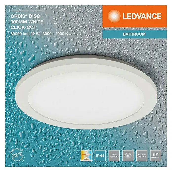Ledvance Orbis LED-Deckenleuchte Disc - 22 W, Ø x H: 30 x 3 cm, Weiß, Warmweiß, Rund - Abbildung einer LEDVANCE ORBIS® DISC Deckenleuchte, 300 mm, weiß, mit einstellbarer Farbtemperatur (CLICK-CCT) für Badezimmer.
