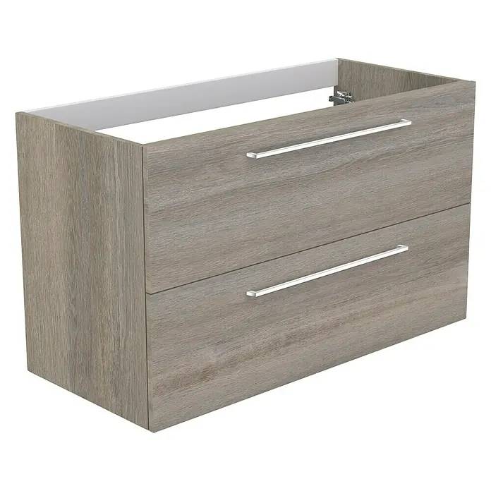 Camargue Espacio Waschtischunterschrank - 100 x 46 x 60 cm, 2 Schubkästen, Faro - Ein moderner Waschtischunterschrank mit zwei Schubladen und Griffen in Silber. Das Holz hat eine helle, natürliche Maserung.