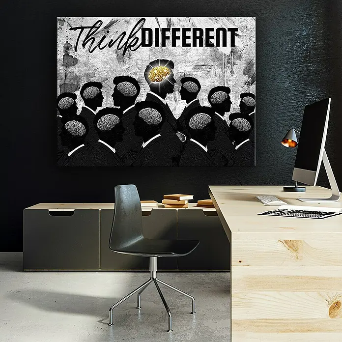 Dotcomcanvas Leinwandbild - Think Different, B x H: 120 x 90 cm - "Think Different"-Leinwanddruck über einem modernen Büro. Das Kunstwerk mit dem inspirierenden Slogan ist ein Blickfang.