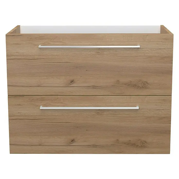 Camargue Espacio Waschtischunterschrank - 80 x 40 x 60 cm, 2 Schubkästen, Doce - Detailaufnahme eines Waschbeckenunterschranks in Holzoptik mit zwei Schubladen und silbernen Griffen.
