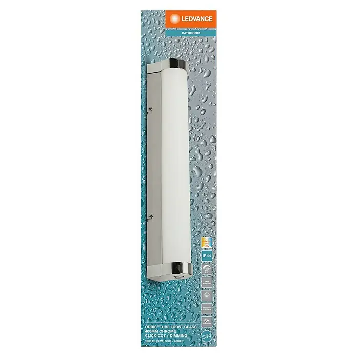 Ledvance Orbis LED-Spiegelleuchte Tube - 9 W, L x B x H: 40 x 7 x 5,4 cm, Chrome, Frostglas, Warmweiß - Produktverpackung der LEDVANCE ORBIS Tube Frost Glass 400mm Chrom Badleuchte mit technischen Details und Produkteigenschaften.