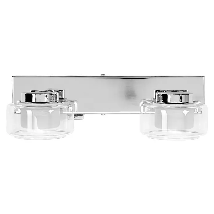 Ledvance Orbis LED-Wandleuchte Flame - 11 W, L x B x H: 30 x 13 x 9 cm, Chrome, Warmweiß, 2 Stk. - Nahaufnahme einer doppelten Seifenspender-Wandhalterung aus Chrom und Glas. Elegantes Accessoire für jedes Badezimmer oder Küche.
