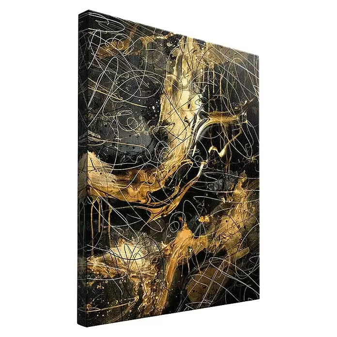 Dotcomcanvas Leinwandbild - Black Power - Abstrakt, B x H: 60 x 80 cm - Abstraktes schwarz-goldenes Kunstwerk auf Leinwand mit weißen und schwarzen Farbspritzern und Linien.