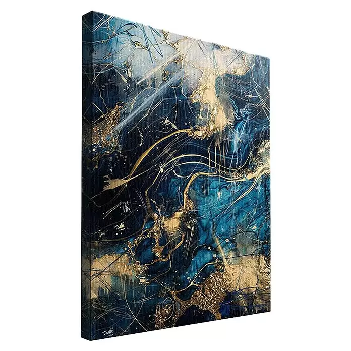 Dotcomcanvas Leinwandbild - Blue Thunder - Abstrakt, B x H: 150 x 200 cm - Abstraktes Leinwandbild in Tiefblau, Hellblau und Gold, mit metallischen Fluidmustern und Spritzern.