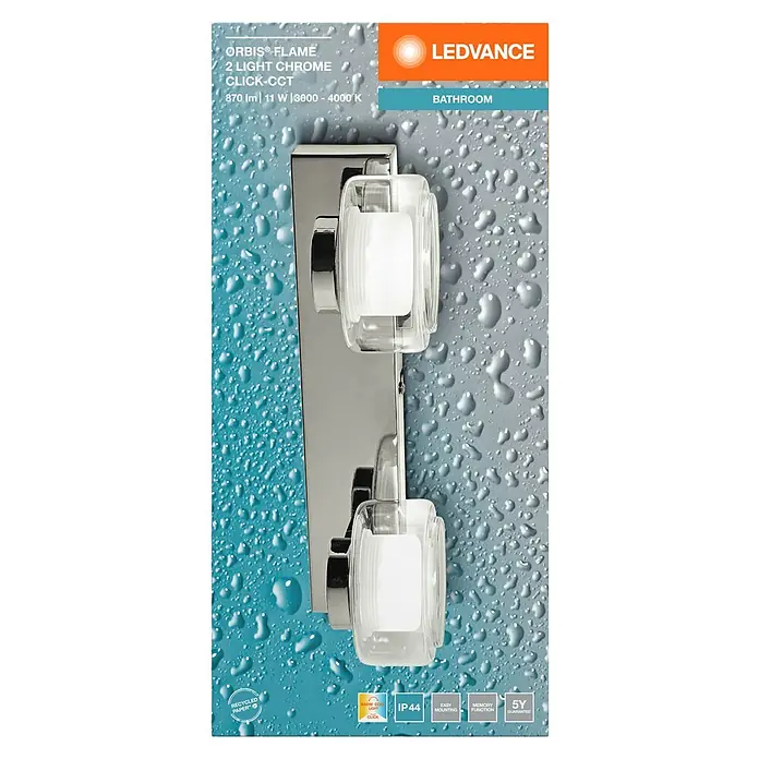 Ledvance Orbis LED-Wandleuchte Flame - 11 W, L x B x H: 30 x 13 x 9 cm, Chrome, Warmweiß, 2 Stk. - Abbildung einer LEDVANCE ORBIS® FLAME 2-flammigen Chrom-Leuchte mit CCT-Klickfunktion, ideal für Badezimmer mit Schutzart IP44.