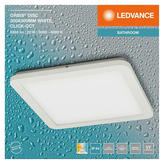 Ledvance Orbis LED-Deckenleuchte Disc - 22 W, Weiß, Warmweiß, Quadratisch - Das LEDVANCE Orbis® Disc 300x300mm White Click-CCT ist eine moderne Badezimmerleuchte mit einstellbarer Farbtemperatur und einfacher Montage.