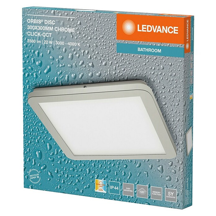 Ledvance Orbis Plafón LED (22 W, L x An x Al: 30 x 30 x 3 cm, Cromo, Blanco cálido, Cuadrado) | BAUHAUS