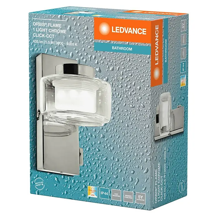 Ledvance Orbis LED-Wandleuchte Flame - 5,5 W, L x B x H: 10 x 13 x 15 cm, Chrome, Warmweiß, 1 Stk. - Produktverpackung für LEDVANCE Orbis Flame 1-Licht Chrom Badezimmerleuchte mit CCT-Klickfunktion und 5 Jahren Garantie.