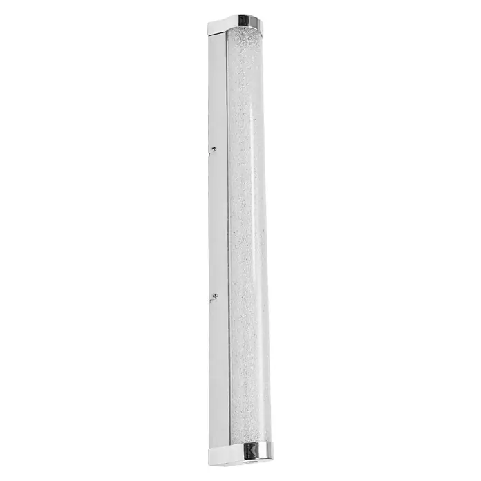 Ledvance Orbis LED-Spiegelleuchte Tube - 12 W, L x B x H: 60 x 7 x 5,4 cm, Chrome, Bubbleglas, Warmweiß - Diese Aufnahme zeigt eine längliche, rechteckige Wandleuchte mit einer silberfarbenen Fassung und einem milchigen, texturierten Diffusor.