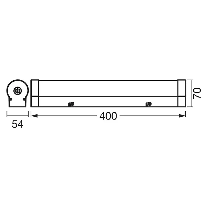 Ledvance Orbis LED-Spiegelleuchte Tube - 9 W, L x B x H: 40 x 7 x 5,4 cm, Chrome, Frostglas, Warmweiß - Schematische Darstellung eines Produkts mit Maßangaben: 54, 400 und 70.