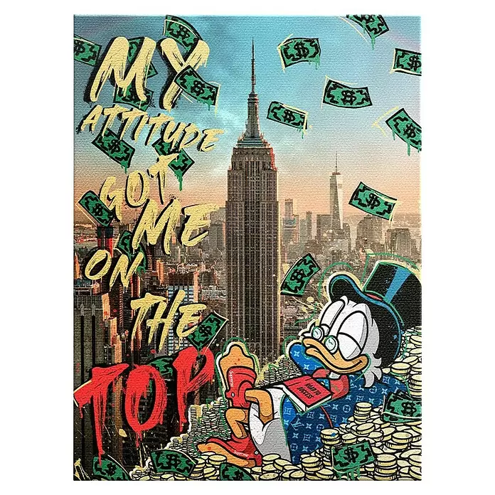 Dotcomcanvas Leinwandbild - My Attitude Got Me Here, B x H: 60 x 80 cm - Leinwandbild mit einer Cartoon-Ente auf Goldmünzen vor der New Yorker Skyline, fallenden Dollarnoten und dem Text 'MY ATTITUDE GOT ME ON THE TOP'.