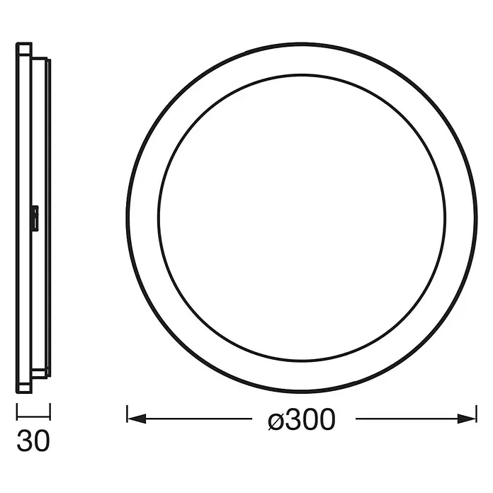 Ledvance Orbis LED-Deckenleuchte Disc - 22 W, Ø x H: 30 x 3 cm, Weiß, Warmweiß, Rund - Technische Zeichnung einer runden LED-Deckenleuchte mit den Maßen Ø300 mm und 30 mm Tiefe.