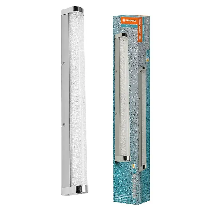 Ledvance Orbis LED-Spiegelleuchte Tube - 12 W, L x B x H: 60 x 7 x 5,4 cm, Chrome, Bubbleglas, Warmweiß - Ein LEDVANCE Badezimmerspiegel mit einer langen, schmalen Form und einem Chromrahmen, der ein elegantes und modernes Design bietet.