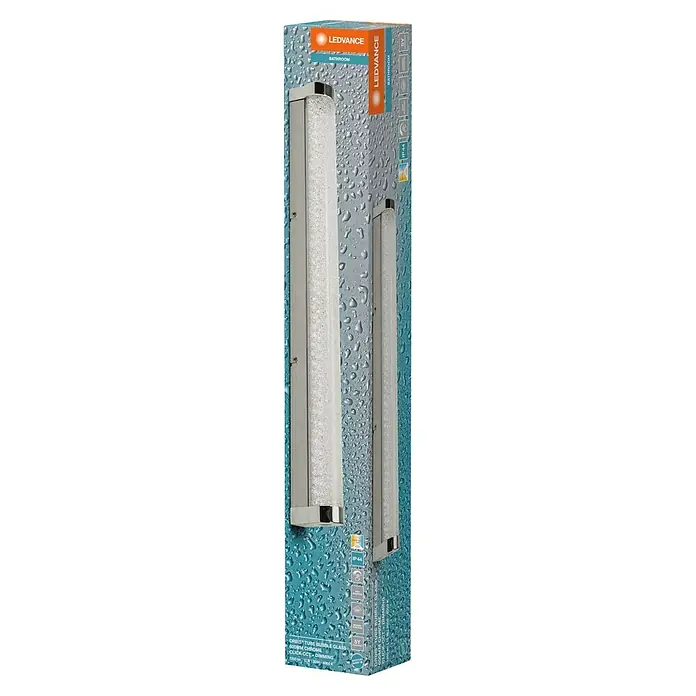 Ledvance Orbis LED-Spiegelleuchte Tube - 12 W, L x B x H: 60 x 7 x 5,4 cm, Chrome, Bubbleglas, Warmweiß - Abbildung der LEDVANCE Badezimmerleuchte mit Chrom-Akzenten und einem glitzernden Röhrendesign, ideal für eine moderne Badgestaltung.