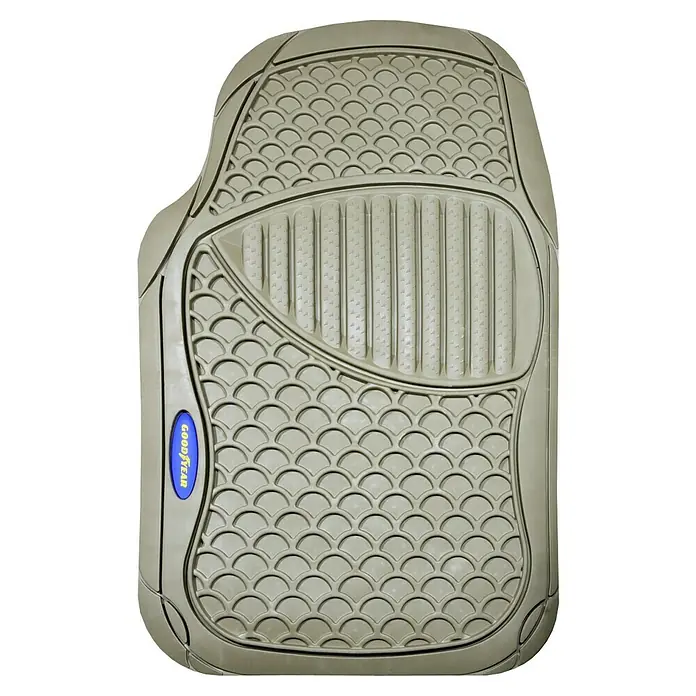 Goodyear Juego de alfombrillas para coche - 4 pzs., Beige - Alfombrilla de coche Goodyear gris con diseño en relieve y logotipo azul de Goodyear para mayor protección y estilo interior.