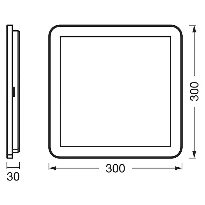 Ledvance Orbis LED-Deckenleuchte Disc - 22 W, Weiß, Warmweiß, Quadratisch - Produktansicht: Quadratische LED-Deckenleuchte, Seitenansicht und Abmessungen für Installationsdetails.