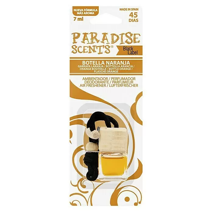 Ambientador de coche para colgar - Naranja, 8 sem. - Ambientador de coche de líquido naranja en botella de vidrio cuadrada con tapa de madera y cordón negro, en un paquete blanco y naranja.