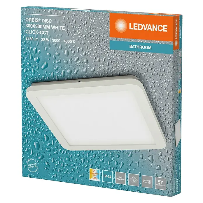 Ledvance Orbis LED-Deckenleuchte Disc - 22 W, Weiß, Warmweiß, Quadratisch - Produktverpackung einer LEDVANCE ORBIS® DISC 300x300mm White CLICK-CCT Badezimmerleuchte mit technischen Details und Produkteigenschaften.