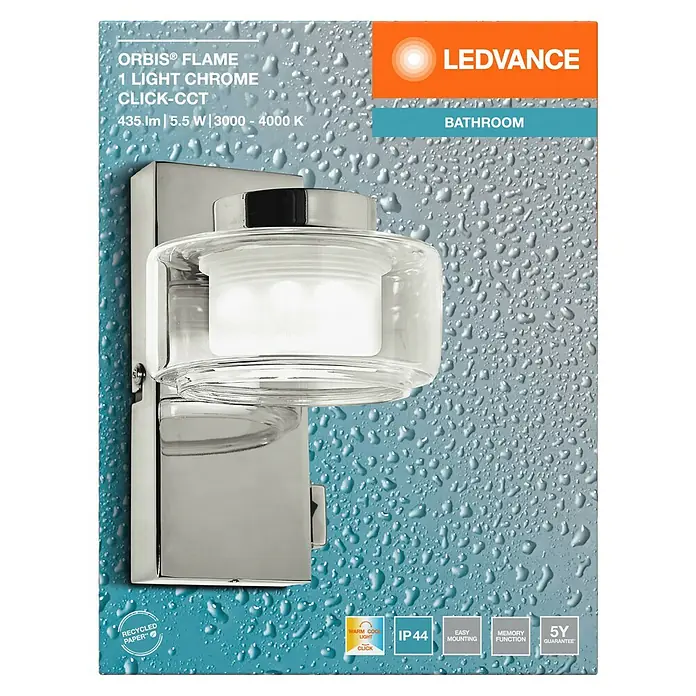 Ledvance Orbis LED-Wandleuchte Flame - 5,5 W, L x B x H: 10 x 13 x 15 cm, Chrome, Warmweiß, 1 Stk. - Abbildung einer LEDVANCE ORBIS® FLAME Wandleuchte mit Chromoberfläche für Badezimmer, die warmweißes Licht erzeugt und einfach zu montieren ist.