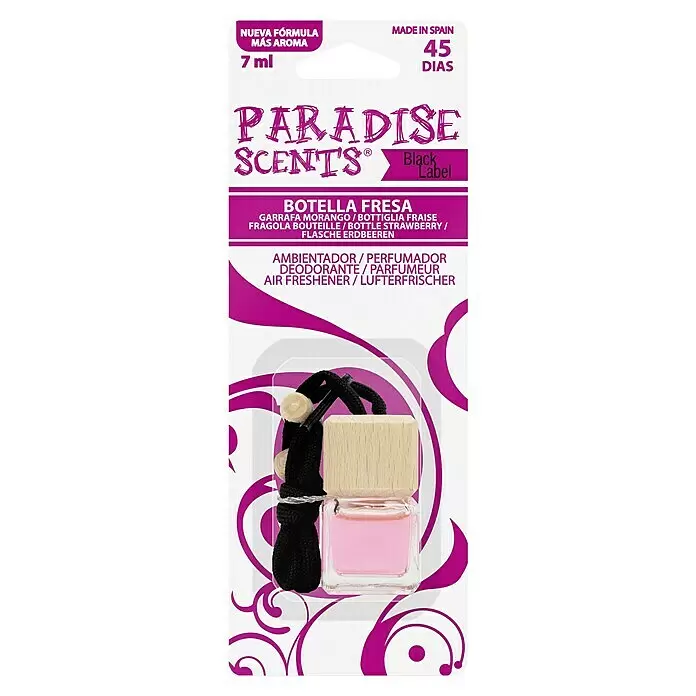 Ambientador de coche para colgar - Fresa, 8 sem. - Ambientador de coche colgante en botella de cristal transparente con tapa de madera, con líquido rosa aroma a fresa.
