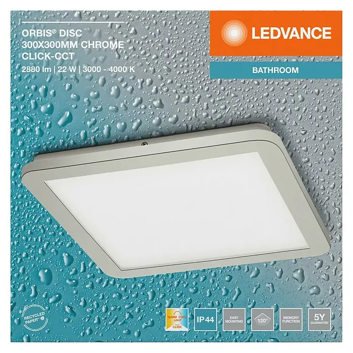 Ledvance Orbis LED-Deckenleuchte Disc - 22 W, Ø x H: 30 x 3 cm, Chrome, Warmweiß, Quadratisch - LEDVANCE ORBIS® DISC 300x300mm Chrom CLICK-CCT Deckenleuchte, ideal für Badezimmer, mit 2880lm, 22W und Farbtemperaturen von 3000-4000K.