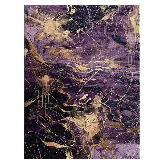 Dotcomcanvas Leinwandbild - Purple Storm - Abstrakt, B x H: 150 x 200 cm - Abstraktes Gemälde mit wirbelnden lila und goldenen Farben, mit Spritzern und Tropfen.