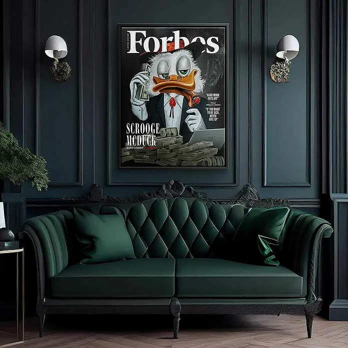 Dotcomcanvas Leinwandbild - Billionaire Duck, B x H: 30 x 40 cm - Ein stilvolles Wohnzimmer mit einem grünen Sofa und einem gerahmten Forbes-Cover mit Dagobert Duck als Blickfang.